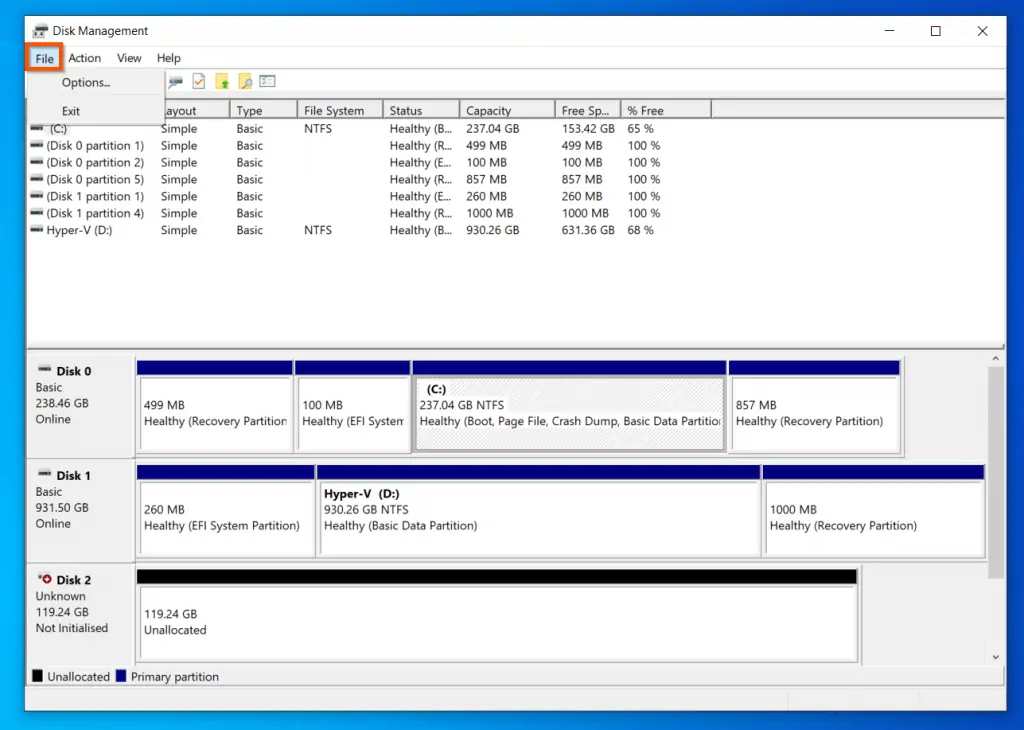 Windows 10 Disk Management Menu - File Menu
