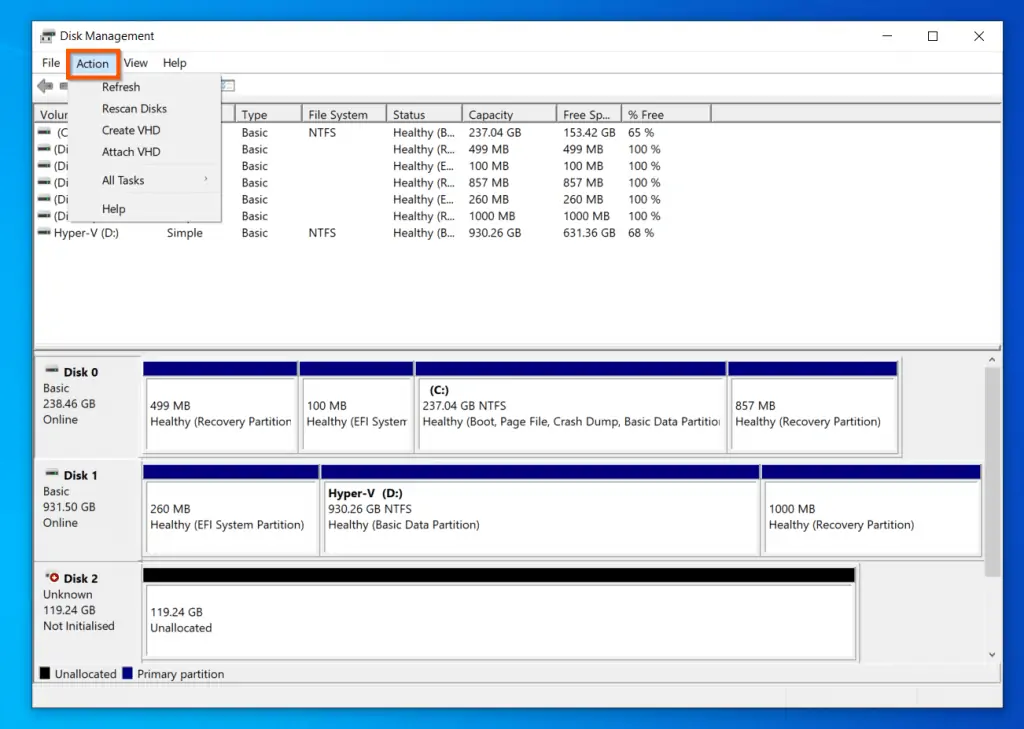 Windows 10 Disk Management Menu - Action Menu