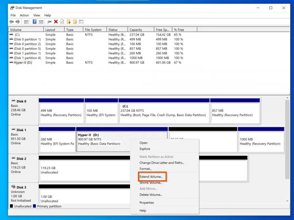 Here are the steps to extend a volume in Windows 10 Disk Management: Right-click the volume you want to extend (NOT the unallocated space). Then, select Extend Volume. 