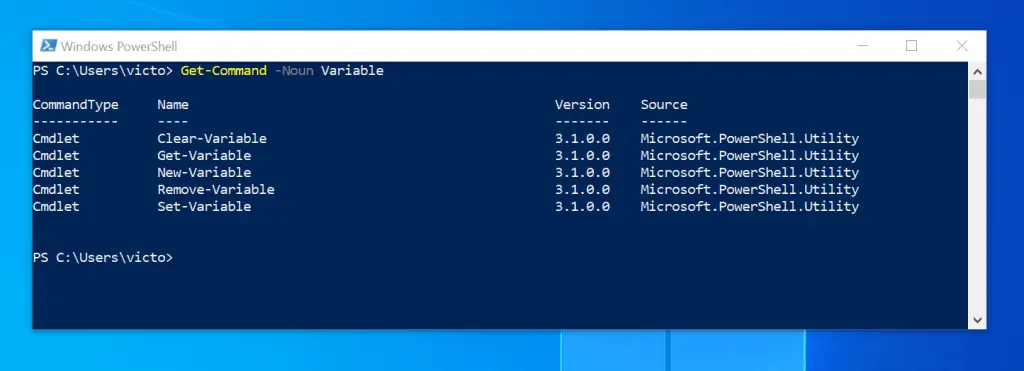 PowerShell Tutorial 3: Variables And Pipelines - Result of command "Get-Command -Noun Variable"