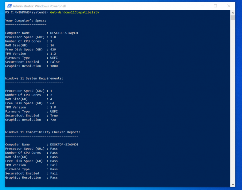 The final result of the Windows 11 Compatibility Checker is in three parts