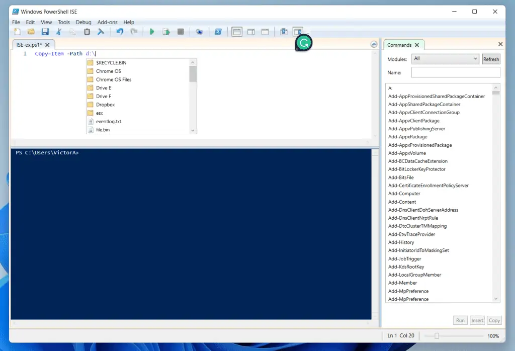 Features Of Windows PowerShell ISE - Cmdlet, Parameter, And File System Auto-Detection and Completion 