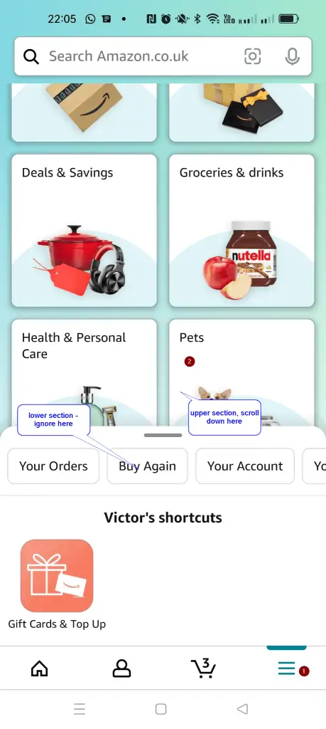 In the previous version of the app, at this point, you would have seen the Settings button and would have been able to logout of the Amazon app. However, as I mentioned earlier, the new app has changed the location of this button. Step 3 guides you to locate the Settings button - follow the steps exactly as described. 