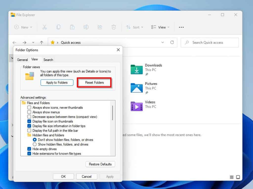 Comment réinitialiser l'explorateur de fichiers à la vue par défaut dans Windows 11