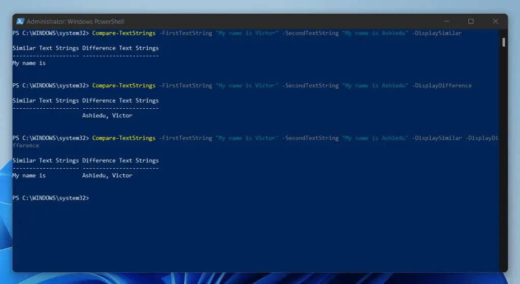 How To Display The Similarity And The Difference Between Two Text Strings In PowerShell Using Compare-TextStrings