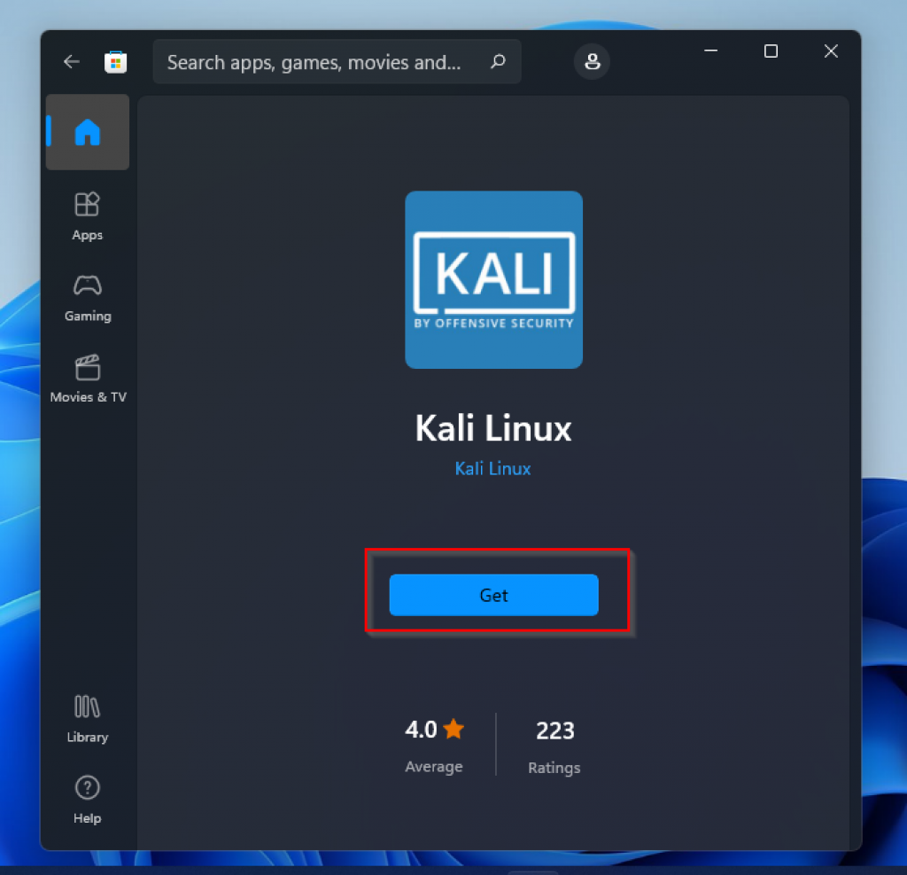 Windows11にKaliLinuxアプリをダウンロードしてインストールする