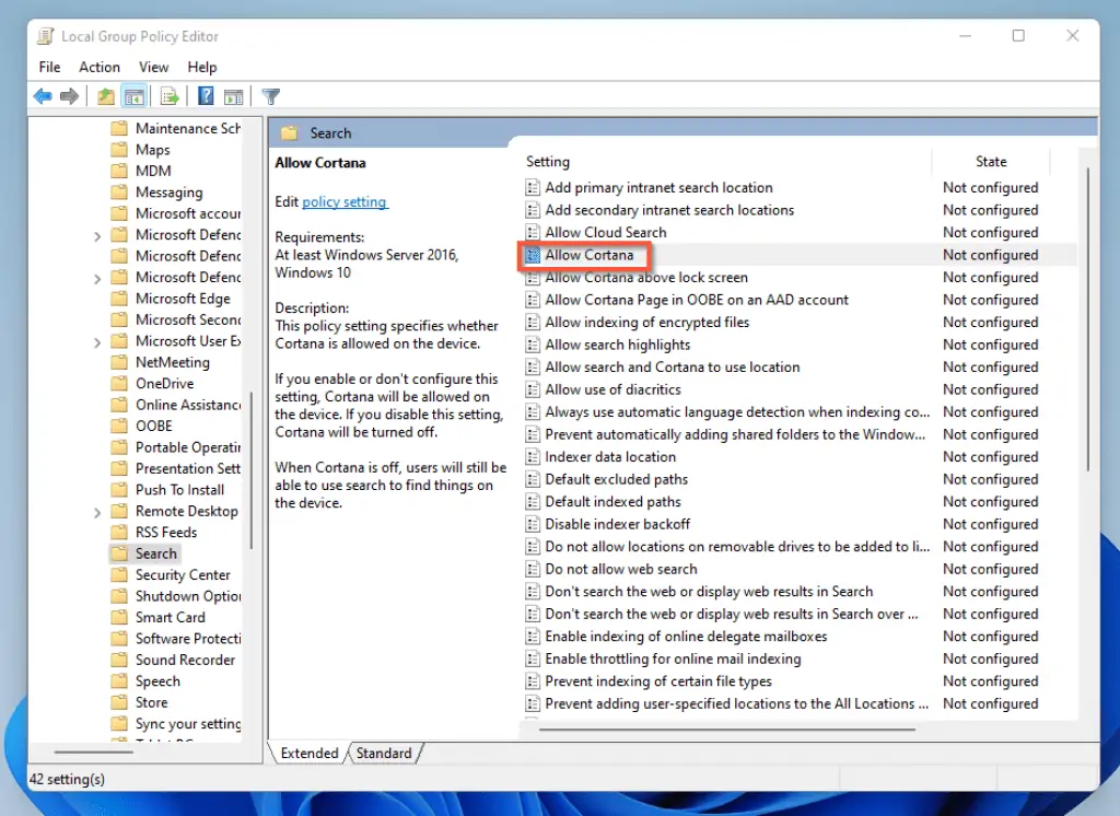 Disable Cortana In Windows 11 Using Group Policy