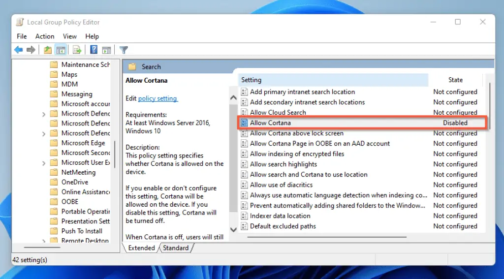 Disable Cortana In Windows 11 Using Group Policy