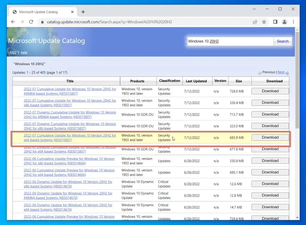 Manually Download And Install Windows 10 20H2 Update From The Microsoft Update Catalog Website