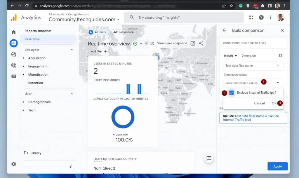 Create Filters To Exclude Internal Traffic In Google Analytics 4 (GA4) With The Internal IP Rule - Step 4: Test And Activate Your Internal Traffic GA4 Filter Rule