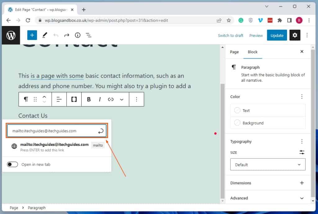 Link An Email Address In WordPress Via WordPress Block Editor
