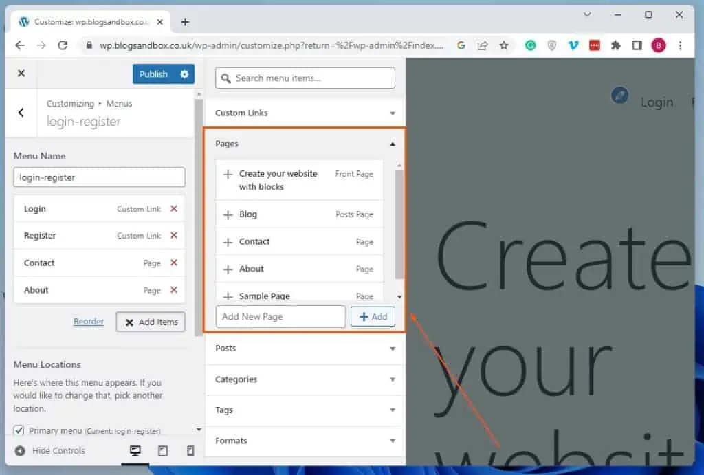 Add Pages To Menu In WordPress Via The Theme Customizer