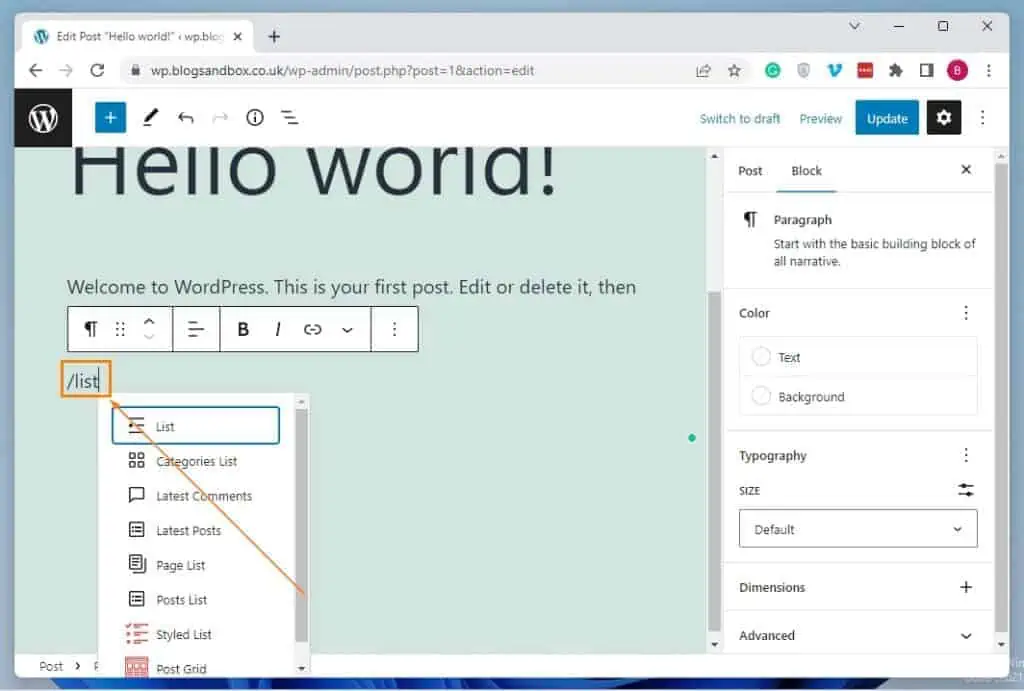 Add Bullet Points In WordPress Using The List Block