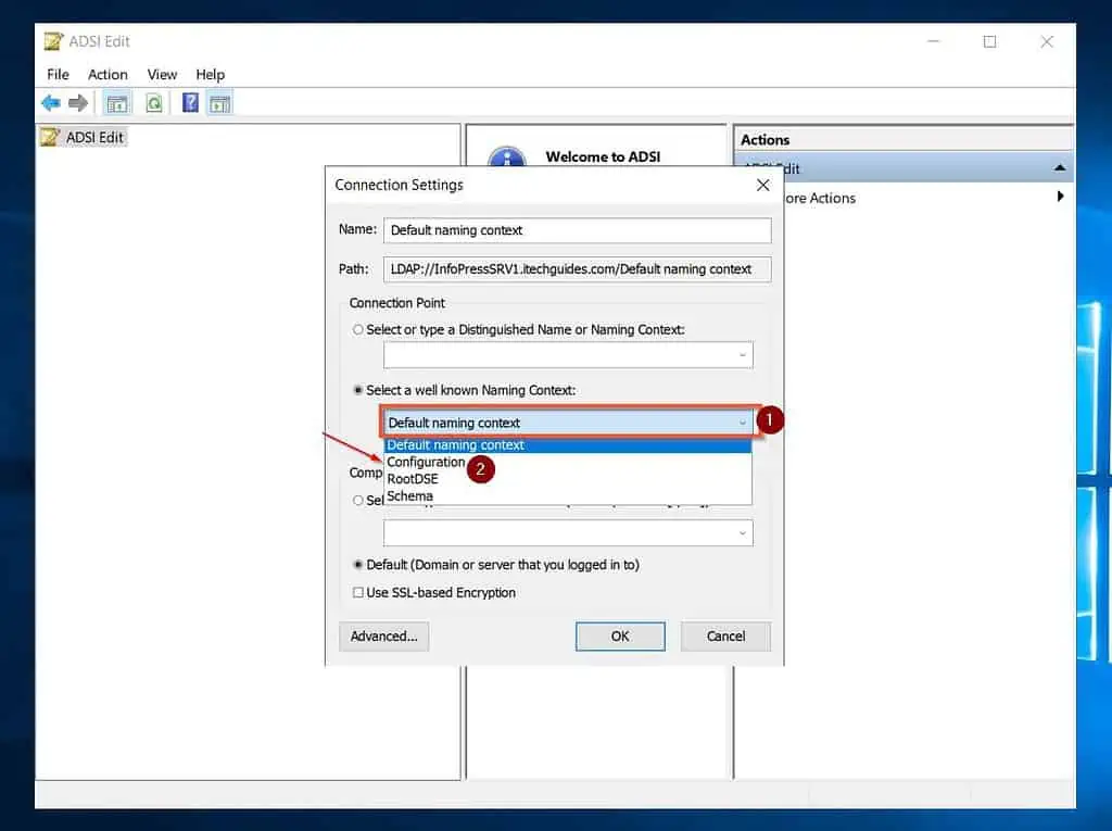 On the Connection Settings pop up, click the Select a well known Naming Context drop-down and select Configuration