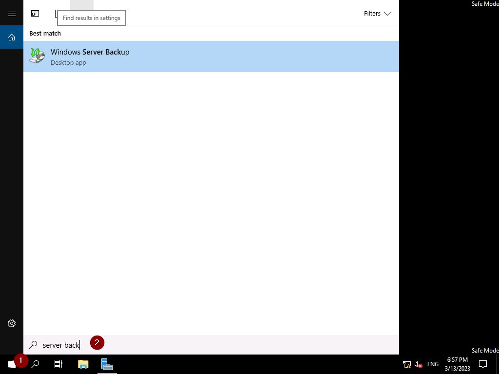 Search for and open Windows Server backup