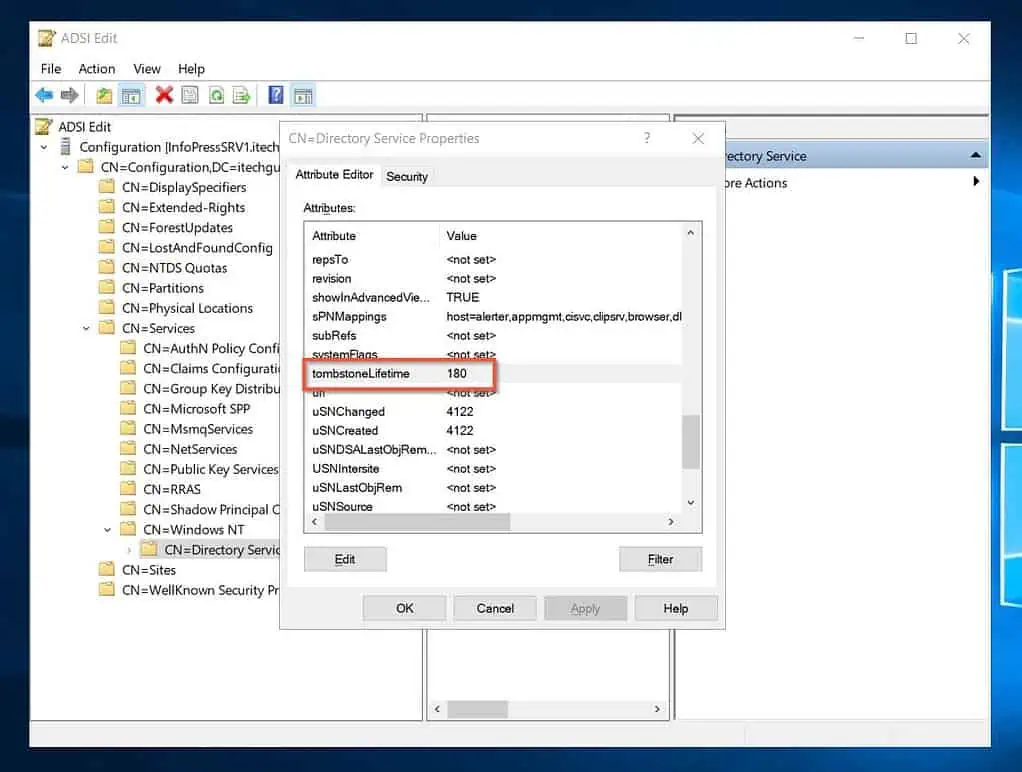 adjust the Active Directory Tombstone Lifetime attribute