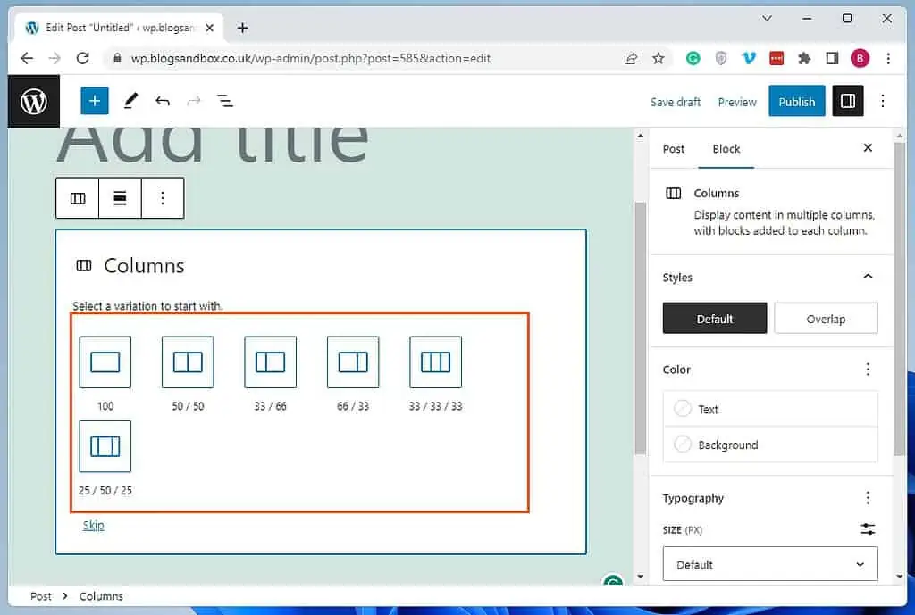 Insert Columns In WordPress Using Columns Block