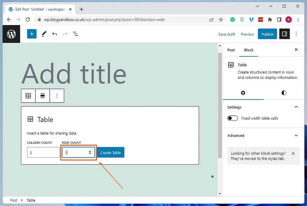 Add Columns In WordPress Using Table Block 