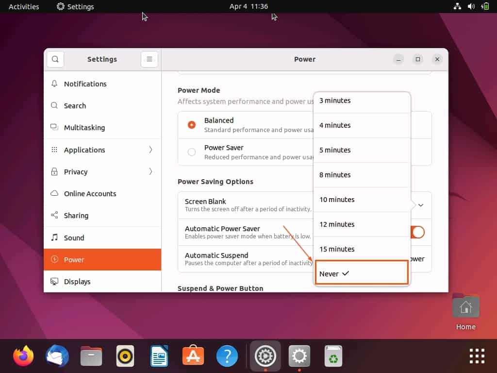 Disable Power Saving Mode In Ubuntu Through Settings