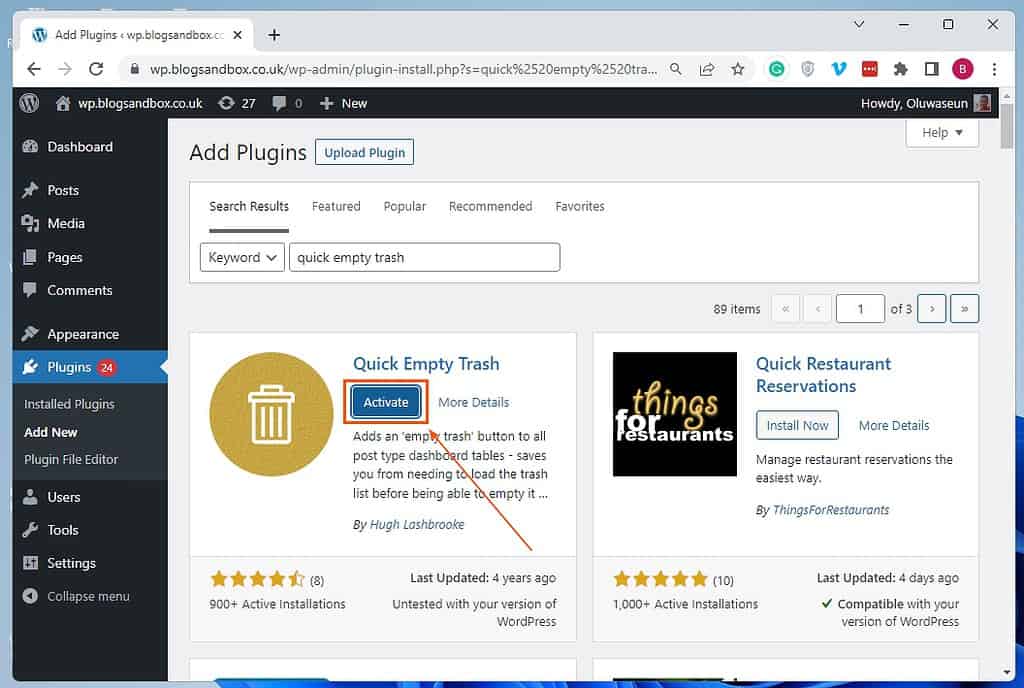 How To Install And Activate Quick Empty Trash Plugin In WordPress