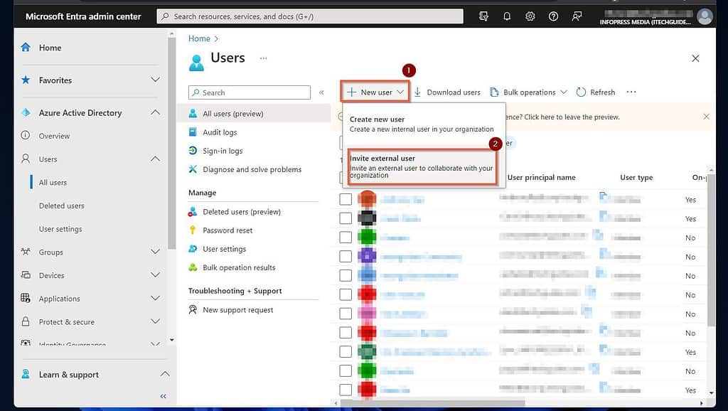 Add the External User to Azure Active Directory - step 1 - click New User and select Invite External user
