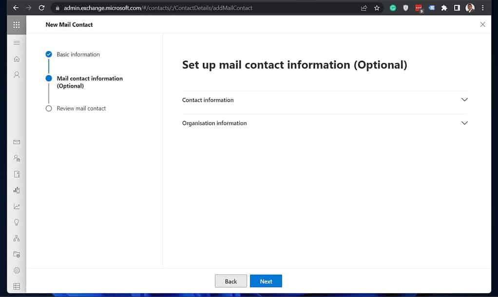 Add guest users to Azure AD add contact in exchange online - Set up the basic information - add optional information