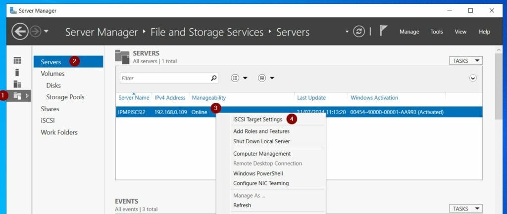 Next, open Server Manager and click the File and Storage Services node. Then, click the Servers subnode, and right-click the iSCSI target server, and select iSCSI Target Settings.