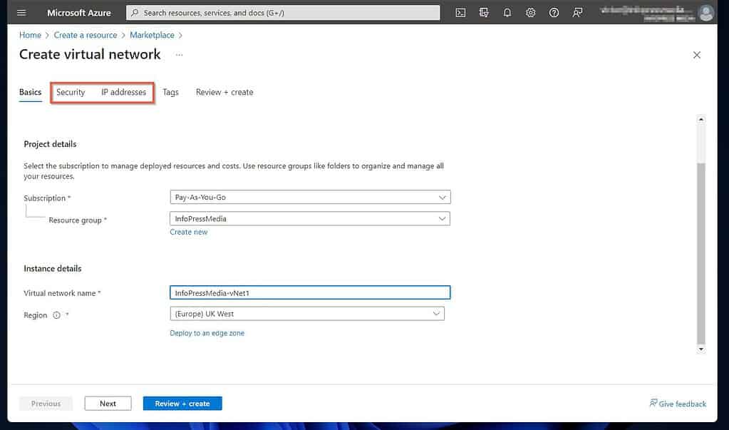 1 of 3: Create an Azure VNet and add Address Space and Subnets