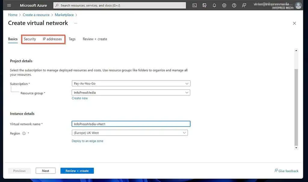 1 of 3: Create an Azure VNet and add Address Space and Subnets
