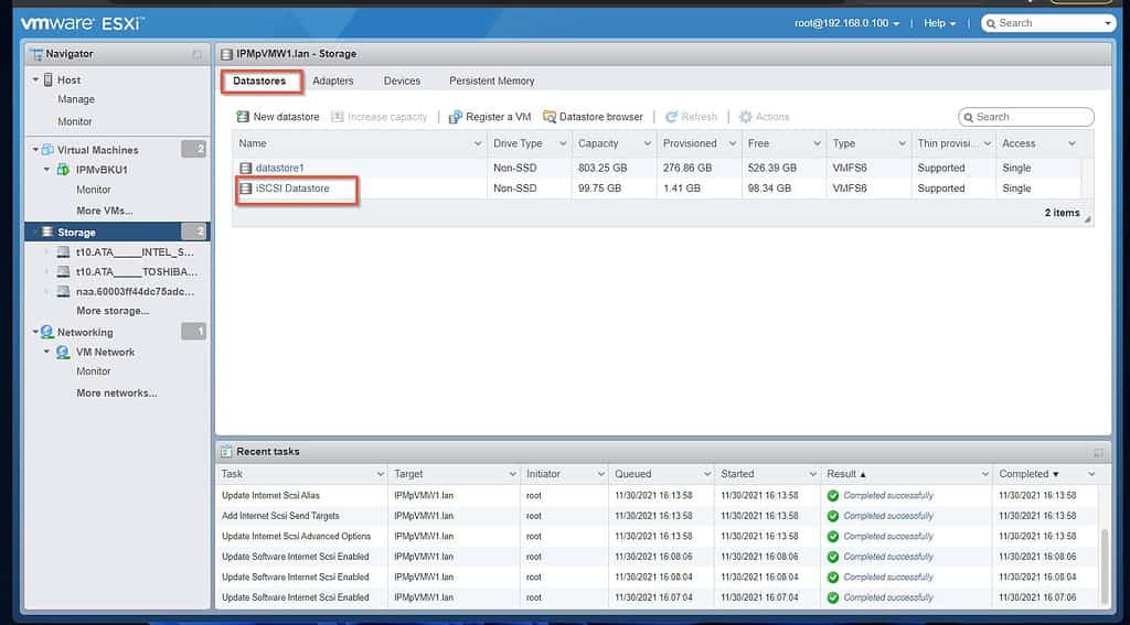 Before you set up the second VMWare ESXi Server to share the iSCSI storage, click the Datastore tab and confirm that the datastore is listed.