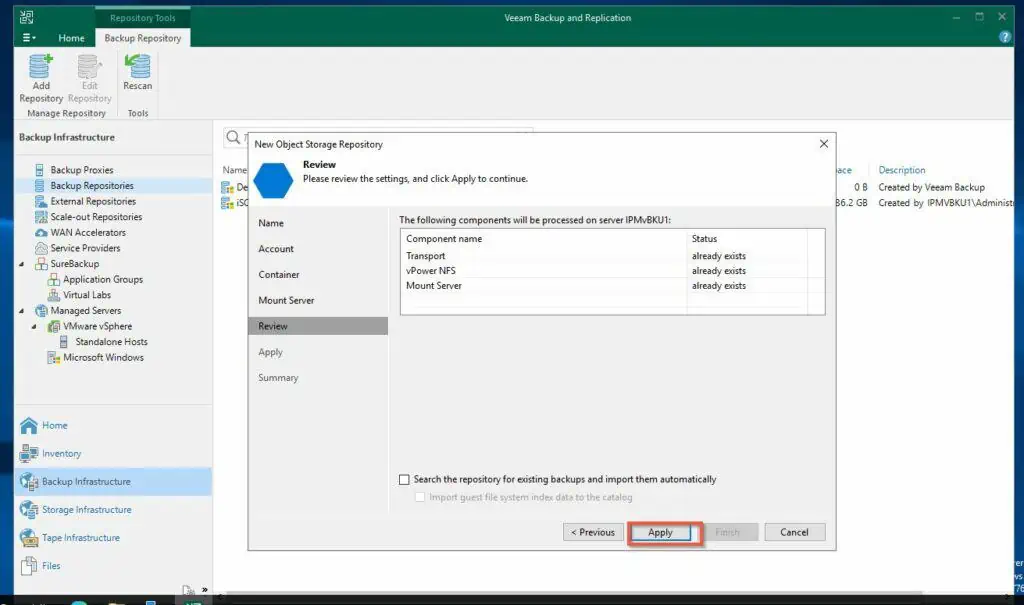 Finally, review your settings for adding Azure blob storage as a Veeam backup repository and click Apply. 