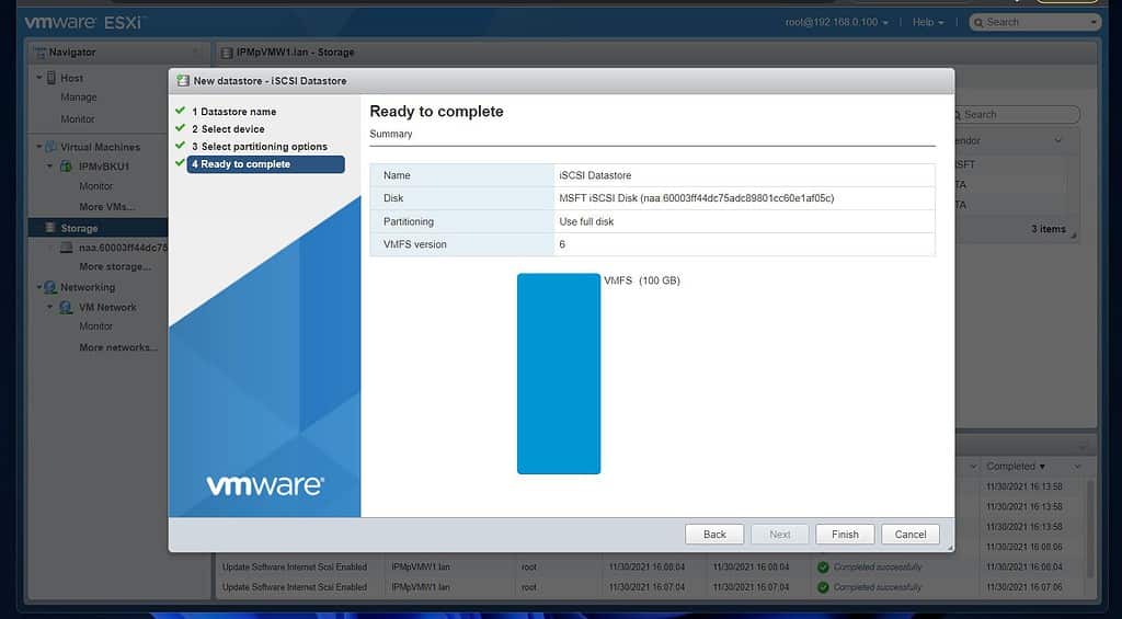 Finally, to finish configuring the shared iSCSI storage on the first VMWare ESXi Servers, review your selections and click Finish.