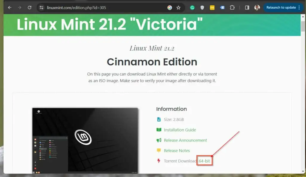  to download the Linux Mint "Cinnamon Edition," click the "Download link"64-bits" link next to "Torrent Download."