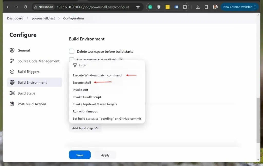 The default Jenkins job creation step does not include PowerShell