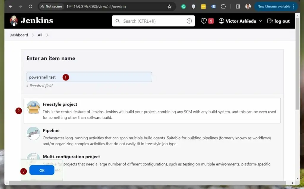 After that, give the Jenkins job a name, select the Freestyle project and click OK