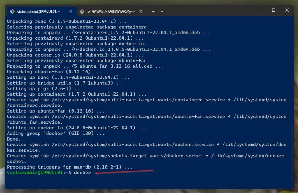 confirm that Docker is now installed by executing the "docker" command.
