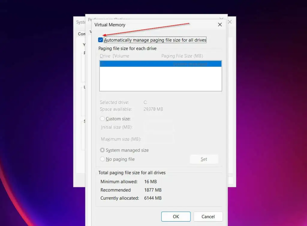 To set the paging file manually, or turn it off completely, uncheck the "Automatically manage paging file size for all drives" checkbox.