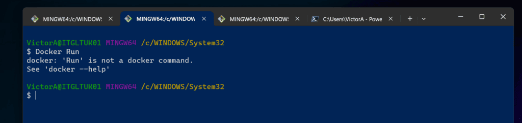 The "run" in "Docker run" must be lowercase. If you execute "Docker Run," you will receive an error "'Run' is not a docker command."