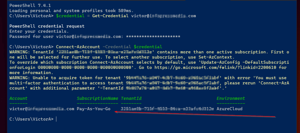 The above command will take a short while to complete as it authenticates to Azure using the creds saved in the $credential variable. Once you connect successfully, PowerShell displays information about your Azure tenant. 