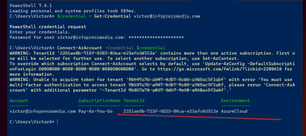 The above command will take a short while to complete as it authenticates to Azure using the creds saved in the $credential variable. Once you connect successfully, PowerShell displays information about your Azure tenant.