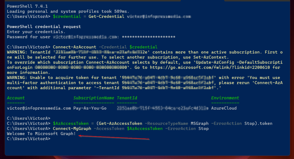 Finally, execute the Connect-MgGraph command specifying the $AzAccessToken variable - this provides the auth you require and stops the command prompting you to authenticate via the browser. 