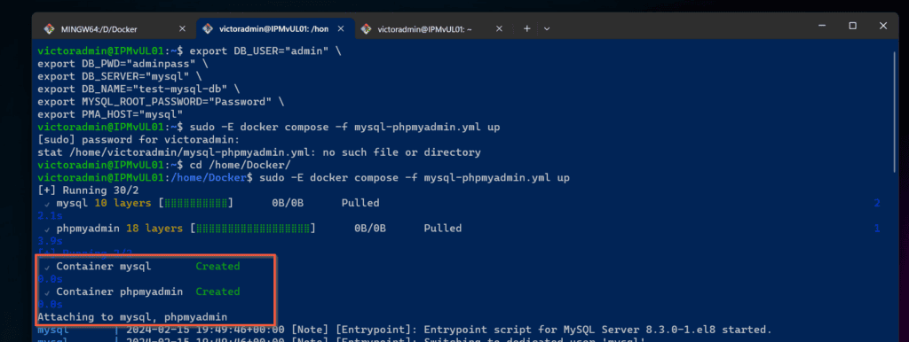If you scroll up to the terminal where you ran the Docker Compose command, the log shows that the two containers were created but it did not show that the network was created. 