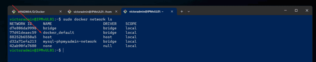 The command returns available Docker networks. The one created by compose is "docker_default."