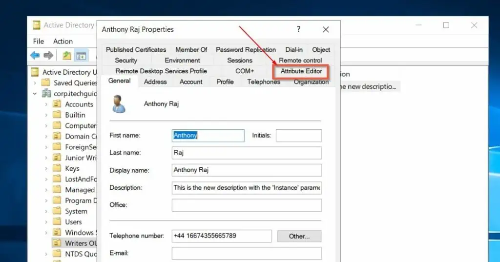 Attributes Editor Tab dispalys after enabling Advanced Features in ADUC