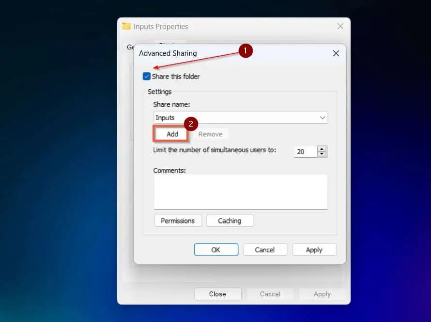 When the Advanced sharing window opens, if you followed the steps in Option 1 of this article, the "Share this folder" checkbox will be checked. Otherwise, check it to begin.
Then, to add a new share, click "Add."