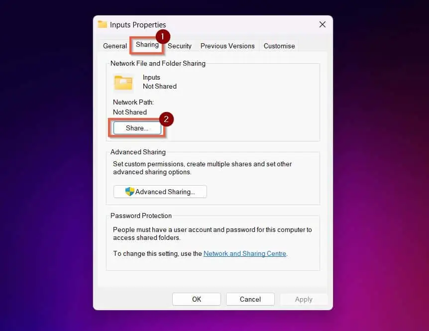 Click the Sharing tab on the folder's Properties sheet and select Share