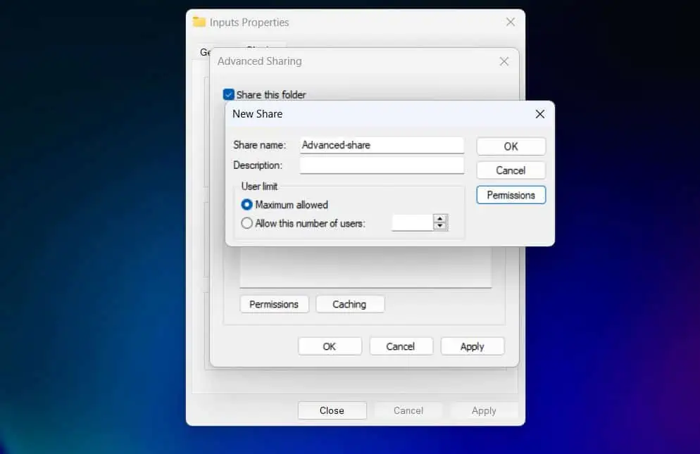 Finally, on the New share window, give the share a name and set the number of users allowed to connect to the share concurrently