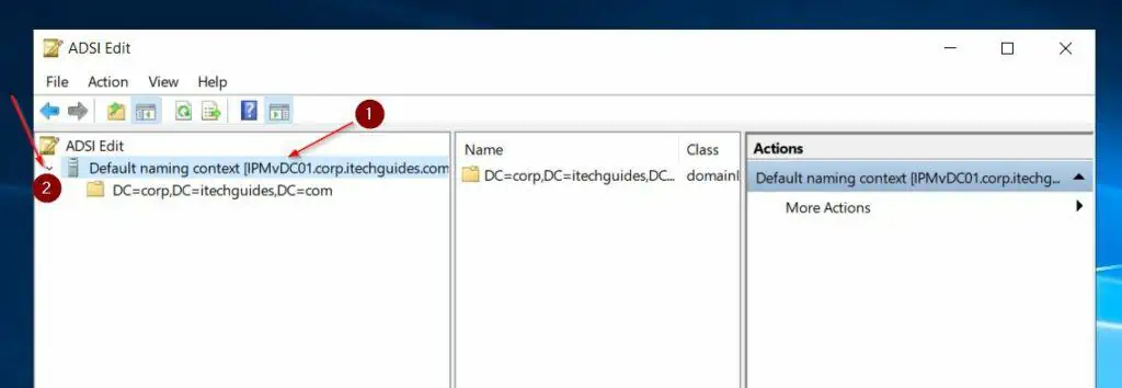 On the ADSI Edit console, left-click the domain name and then expand it.