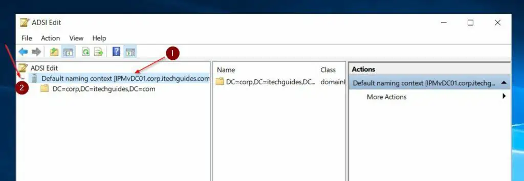 On the ADSI Edit console, left-click the domain name and then expand it. 