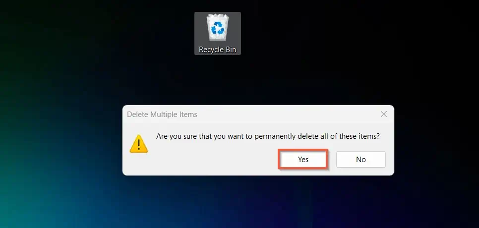 On the Delete multiple items confirmation pop-up, click Yes